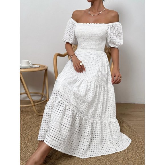 White Boho Off Shoulder Shirred Detail Puff Sleeve Ruffle Hem Maxi Dress - Picture 6 of 7